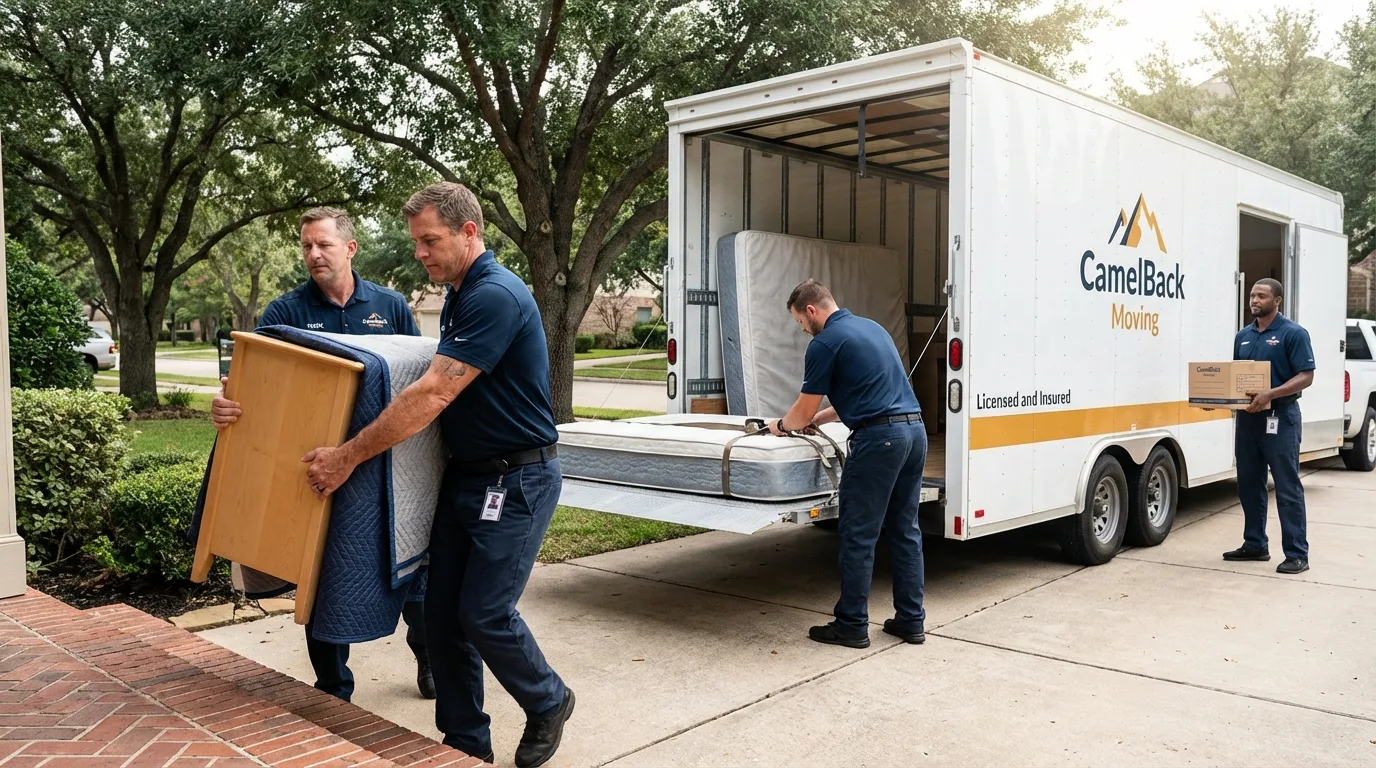 Crew loading residential truck for cross-state move from Mont Belvieu, TX