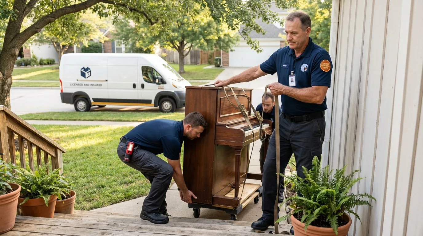 Licensed piano movers securing grand piano in Mont Belvieu, TX