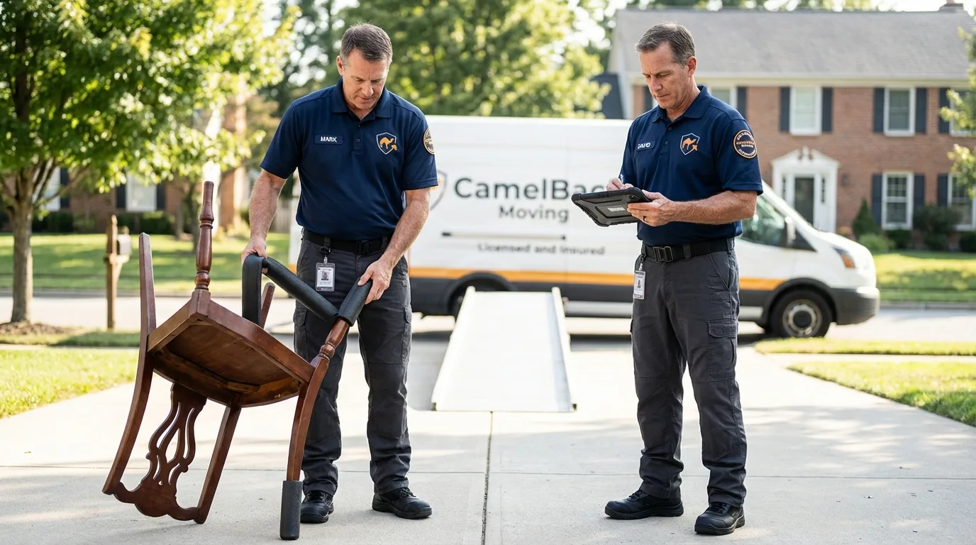 Movers inspecting furniture for damage prevention before loading in Mont Belvieu, TX