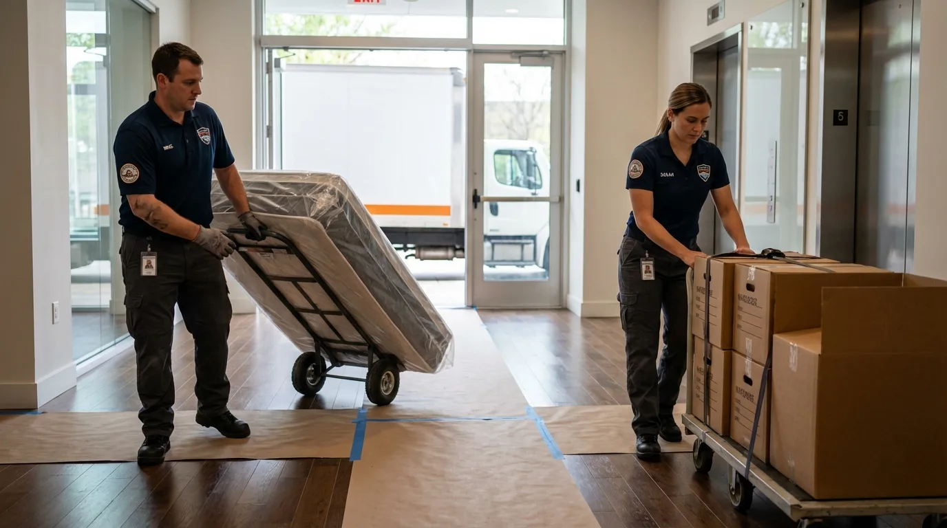Professional apartment movers loading elevator in Mont Belvieu, TX